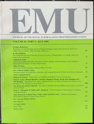 EMU : Journal Of The Royal Australasian Ornithologists Union #92 (July 1992)