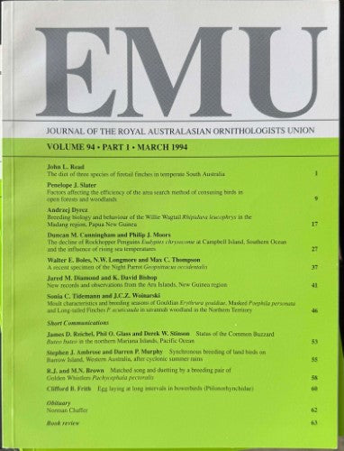 EMU : Journal Of The Royal Australasian Ornithologists Union #94 (March 1994)