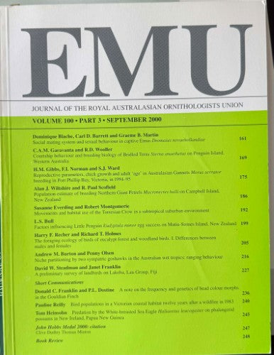 EMU : Journal Of The Royal Australasian Ornithologists Union #100 (Sept 2000)