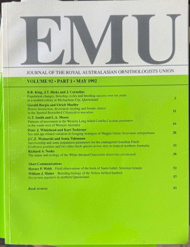 EMU : Journal Of The Royal Australasian Ornithologists Union #92 (May 1992)