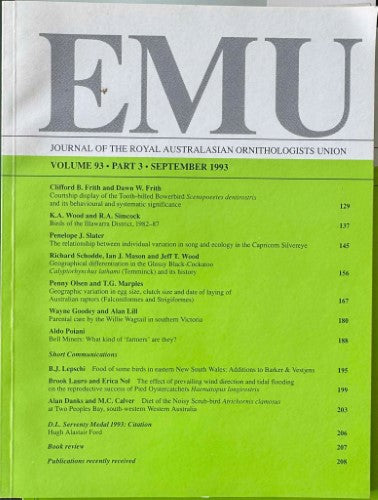 EMU : Journal Of The Royal Australasian Ornithologists Union #93 (Sept 1993)