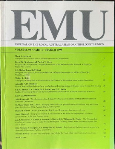 EMU : Journal Of The Royal Australasian Ornithologists Union #98 (March 1998)