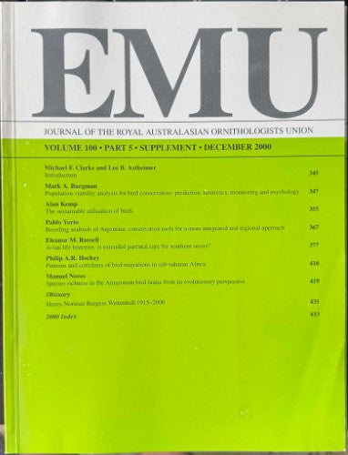 EMU : Journal Of The Royal Australasian Ornithologists Union #100 (Dec 2000)