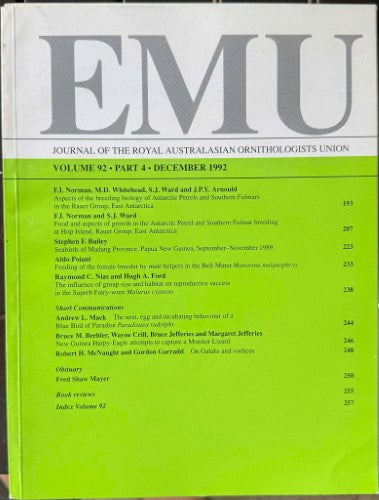 EMU : Journal Of The Royal Australasian Ornithologists Union #92 (Dec 1992)